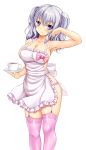  1girl apron breasts cleavage collarbone cup garter_belt grey_eyes highres kantai_collection kashima_(kantai_collection) kishimen large_breasts long_hair looking_at_viewer naked_apron pink_legwear silver_hair smile solo teacup thigh-highs twintails 