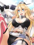  1girl arms_behind_head black_panties blonde_hair blue_eyes breasts cleavage elbow_gloves garter_straps gloves hat highres iowa_(kantai_collection) kantai_collection kore large_breasts long_hair machinery midriff navel panties solo star star-shaped_pupils symbol-shaped_pupils thigh-highs turret underwear 