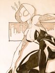  1girl bodysuit gwen_stacy highres hood marvel spider-gwen spider_web_print superhero yokota_mamoru 