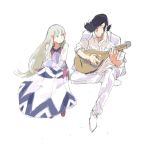  1boy 1girl black_hair blonde_hair dandy_(space_dandy) instrument multicolored_hair poe_(space_dandy) pompadour shoes smile space_dandy string_instrument tagme tuxedo wata_(pixiv3603065) white_background white_shoes 