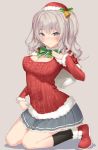  1girl bell black_legwear blush boots bow breasts capelet cleavage fur_trim hair_bell hair_ornament hat highres jonsun kantai_collection kashima_(kantai_collection) large_breasts long_sleeves looking_at_viewer pleated_skirt santa_hat silver_hair simple_background skirt solo sweater twintails wavy_hair 