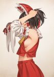  1girl adjusting_hair arms_up ascot bare_shoulders black_hair bow breasts closed_eyes cowboy_shot detached_sleeves go_robots hair_bow hair_tubes hakurei_reimu highres japanese_clothes midriff miko red_bow red_skirt ribbon-trimmed_sleeves ribbon_trim short_hair sideboob simple_background skirt solo standing touhou tying_hair 
