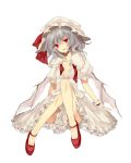  1girl bat_wings blue_hair bow hat hat_bow head_tilt hiharo mary_janes mob_cap open_collar red_eyes remilia_scarlet shoes sitting solo touhou wings wrist_cuffs 