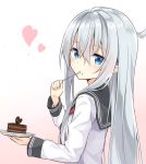  1girl absurdres azuuru_(azure0608) blue_eyes blush cake chocolate_cake eating food food_on_face heart hibiki_(kantai_collection) highres kantai_collection long_hair looking_at_viewer looking_back plate school_uniform serafuku silver_hair solo spoon spoon_in_mouth upper_body valentine 