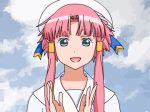  1girl animated animated_gif aria clapping drawfag green_eyes hat long_hair lowres mizunashi_akari neon_genesis_evangelion open_mouth parody pink_hair short_hair_with_long_locks sky smile solo 