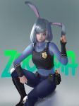  1girl animal_ears boots carrot grey_hair highres judy_hopps personification police police_badge police_uniform policewoman rabbit_ears sidelocks sitting smile solo uniform violet_eyes wlop zootopia 