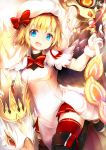  1girl asymmetrical_wings bird blonde_hair blue_eyes boots bow capelet crown dress hat hat_bow looking_at_viewer maru_(shironeko_project) open_mouth red_legwear shironeko_project smile solo staff thigh-highs thigh_boots umagenzin white_dress wings zettai_ryouiki 