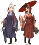  2girls amonitto animal_ears brown_eyes brown_hair cat_ears floral_print glasses japanese_clothes kimono long_sleeves multiple_girls oriental_umbrella original red-framed_glasses silver_hair umbrella wide_sleeves 