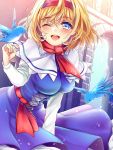  1girl alice_margatroid artist_request bird bird_on_hand blonde_hair blue_dress blue_eyes blush capelet dress hairband highres one_eye_closed open_mouth red_ribbon ribbon skirt_hold smile solo source_request touhou 