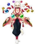  1girl animal_ears bare_shoulders breasts cleavage collar covered_nipples eyeshadow floating_object fox_ears fox_tail full_body hip_vent japanese_clothes jewelry kitsune makeup orb ring rope shimenawa short_hair silver_hair smile solo space_jin standing tabi tail tokyo_tenma tokyo_tenma:_devil_slave wide_sleeves yatsufusa_(tokyo_tenma) yellow_eyes 