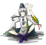  1girl blue_eyes detached_sleeves hat japanese_clothes kan_(aaaaari35) kariginu mononobe_no_futo one_eye_closed solo tate_eboshi touhou white_hair 