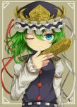  1girl aqua_eyes eyelashes frame frills green_hair hat long_sleeves looking_at_viewer one_eye_closed red_ribbon ribbon rod_of_remorse shiki_eiki shoulder_pads simple_background smile solo touhou upper_body uumaru1869 white_ribbon 