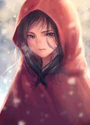  1girl bangs black_hair blurry depth_of_field hair_between_eyes hood looking_at_viewer messy_hair nishizawa original parted_lips portrait red_hood snowing solo swept_bangs winter 