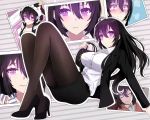  1girl ahoge beifeng_han black_hair breasts crossed_legs formal glowing glowing_eyes hair_between_eyes high_heels large_breasts long_hair office_lady original pantyhose pencil_skirt skirt skirt_suit smile suit thigh-highs thighs violet_eyes 