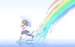  1girl boots brown_eyes brown_hair highres looking_at_viewer neckerchief open_mouth original pleated_skirt rain rainbow sailor_collar school_uniform serafuku short_hair skirt smile syego umbrella water 