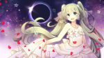 1girl dress eclipse floating_hair green_eyes green_hair hatsune_miku jewelry lichika long_hair necklace open_mouth petals skirt_hold solo strapless strapless_dress twintails upper_body very_long_hair vocaloid 