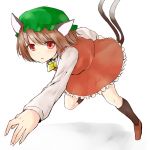  1girl animal_ears bow brown_hair cat_ears cat_tail chen dress earrings hat highres jewelry long_sleeves looking_at_viewer mob_cap multiple_tails nekomata netamaru red_dress red_eyes short_hair simple_background tail touhou 