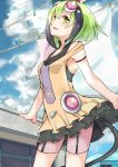 1girl absurdres android artist_request bike_shorts clothes_pin clothesline cowboy_shot dimension_w from_below glint green_eyes green_hair headgear highres laundry multicolored_hair open_mouth outdoors short_hair smile solo tagme tail two-tone_hair yurizaki_mira 