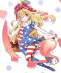 1girl abe_suke american_flag_legwear american_flag_shirt bangs blonde_hair clenched_teeth clownpiece collar eyebrows eyebrows_visible_through_hair fire frilled_collar frills grin groin hair_ornament hat heart jester_cap long_hair looking_at_viewer one_eye_closed pantyhose polka_dot red_eyes shirt short_sleeves simple_background smile solo star star_hair_ornament striped teeth torch touhou v very_long_hair 