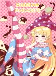  1girl american_flag_legwear american_flag_shirt blonde_hair blush closed_eyes clownpiece douji eating hand_on_own_face happy hat highres jester_cap leg_up long_hair pantyhose pink_background pudding shiny shiny_hair short_sleeves soles solo touhou typo very_long_hair 