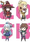  1boy 3girls aqua_(konosuba) aqua_eyes aqua_hair asymmetrical_legwear belt black_hair blonde_hair blue_eyes boots brown_hair chibi cloak copyright_name darkness_(konosuba) detached_sleeves drooling green_eyes green_ribbon hair_tie hat kono_subarashii_sekai_ni_shukufuku_wo! megumin mizuki_maya multiple_girls one_eye_closed outstretched_hand ponytail red_eyes red_ribbon ribbon satou_kazuma skirt staff thigh-highs thigh_boots tied_hair weapon winking witch witch_hat 