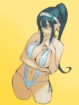  1girl bikini blue_eyes blush breasts character_request green_hair hairband kazutaka large_breasts long_hair navel ponytail simple_background sling_bikini solo swimsuit white_bikini yellow_background 