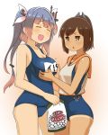  &gt;:&lt; 2girls :d bag bare_shoulders blue_hair blush breasts brown_eyes brown_hair capriccyo closed_eyes covered_navel fang gradient_hair hair_ornament hair_ribbon hairclip headgear height_difference highres holding_bag i-19_(kantai_collection) i-401_(kantai_collection) kantai_collection large_breasts long_hair marshmallow multicolored_hair multiple_girls name_tag one-piece_swimsuit open_mouth pink_hair ponytail ribbon sailor_collar school_swimsuit school_uniform short_ponytail small_breasts smile swimsuit swimsuit_under_clothes tan tanline tri_tails triangle_mouth twintails 