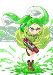  1girl :p blue_eyes copyright_name domino_mask fangs green_hair gun ink_tank inkling mask paint_splatter pointy_ears raincoat running shoes sketch solo splatoon taka-michi tentacle_hair tongue tongue_out weapon 