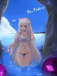  1girl adjusting_hair animal_ears ass_visible_through_thighs bikini blush breasts cat_ears cave cleavage dungeon_and_fighter eyes front-tie_top gunner_(dungeon_and_fighter) hand_in_hair highres long_hair looking_at_viewer ocean red_eyes shaojiang silver_hair smile solo swimsuit thigh_gap very_long_hair wading water 