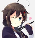  blue_eyes blush braids brown_hair chopsticks kantai_collection long_hair personification seifuku shigure_(kantai_collection) wink 