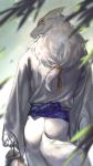  1boy alcohol animal back blurry closed_mouth cowboy_shot depth_of_field fox from_behind furry gradient hair_ornament hangleing holding japanese_clothes kimono long_hair long_sleeves low-tied_long_hair madara_(natsume_yuujinchou) male_focus natsume_yuujinchou no_humans plant sash smile solo tail tail_through_clothes tassel white_hair wide_sleeves 