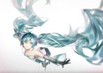  1girl absurdres aqua_eyes aqua_hair detached_sleeves elbow_gloves floating_hair gloves hatsune_miku highres long_hair outstretched_arms see-through skirt solo spread_arms twintails very_long_hair vocaloid yyb 