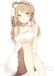  1girl :d arms_behind_back asymmetrical_clothes bare_legs blush bow brown_eyes brown_hair collarbone dress hair_bow knees_up looking_at_viewer love_live!_school_idol_project lp_(hamasa00) minami_kotori open_mouth side_ponytail simple_background single_strap smile solo tareme thighs white_background white_bow white_dress 