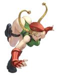  1girl ahoge beret blue_eyes boots braid cammy_white fingerless_gloves garrison_cap gloves hat highleg highleg_leotard highres huge_ahoge leotard looking_at_viewer loped ribbed_leotard running scar street_fighter thong_leotard twin_braids 