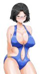  arms_behind_back bangs bikini black_hair blush breasts brown_eyes commentary_request glasses highres large_breasts original parted_bangs short_hair swimsuit yano_toshinori 