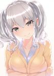  1girl breasts cleavage gradient gradient_background grey_eyes highres inushi kantai_collection kashima_(kantai_collection) looking_at_viewer short_hair silver_hair smile twintails 