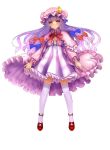  1girl breasts capelet cleavage coat crescent dress full_body hair_ribbon hat highres kanzaki_maguro long_hair long_sleeves looking_at_viewer mob_cap open_clothes open_coat over-kneehighs patchouli_knowledge purple_hair ribbon solo striped striped_dress thigh-highs touhou tress_ribbon very_long_hair violet_eyes white_background white_legwear zettai_ryouiki 