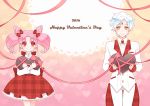  1boy 1girl 2016 bishoujo_senshi_sailor_moon bow chibi_usa cowboy_shot cravat double_bun forehead_jewel formal gradient gradient_background hair_bow happy_valentine heart heart-shaped_pupils heart_background helios_(sailor_moon) looking_at_viewer nightcat pink_background pink_hair plaid plaid_skirt red_bow red_eyes red_skirt short_hair skirt smile standing suit symbol-shaped_pupils twintails unmoving_pattern white_hair yellow_background yellow_eyes 