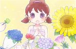  1girl :o ayu_(mog) blue_rose bouquet brown_eyes brown_hair clover flower four-leaf_clover hair_ribbon hairband lilac osomatsu-kun osomatsu-san ribbon rose sunflower tulip twintails yowai_totoko 