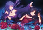  2girls black_hair blue_eyes blush bow breasts choker cleavage dress fate/stay_night fate_(series) flower hair_bow hair_ribbon large_breasts long_hair looking_at_viewer matou_sakura matsuki_ringo multiple_girls partially_submerged petals purple_dress purple_hair red_dress ribbon rose smile toosaka_rin two_side_up violet_eyes water 