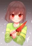  androgynous animated animated_gif artist_name blinking blush brown_hair chara_(undertale) dayuh heart heart-shaped_pupils heart_necklace knife red_eyes solo spoilers striped striped_sweater sweater symbol-shaped_pupils tagme undertale upper_body 