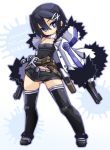  1girl asagiri_asagi belt black_hair blue_eyes coat english gun hair_ornament hairclip karukan_(monjya) nippon_ichi short_hair shorts thigh-highs weapon 