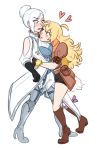  2girls arms_around_waist blonde_hair blue_eyes blush dashingicecream gloves heart hug multiple_girls rwby smile white_hair winter_schnee yang_xiao_long yuri 