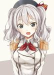  blue_eyes breasts epaulettes hat kantai_collection kashima_(kantai_collection) kue large_breasts long_sleeves looking_at_viewer military military_uniform open_mouth silver_hair smile twintails uniform upper_body wavy_hair 