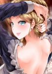  1girl amasora_taichi back blonde_hair blue_eyes commentary_request earrings highres jewelry long_sleeves looking_at_viewer looking_back maid original smile solo upper_body 