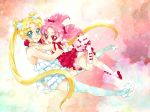  2girls bishoujo_senshi_sailor_moon blonde_hair blue_eyes blue_legwear boots bow bunny_tail chibi_usa double_bun flower full_body gloves hair_bow hair_flower hair_ornament high_heels hug knee_boots long_hair looking_at_viewer multicolored_background multiple_girls nightcat pink_hair red_bow red_eyes red_gloves red_skirt shoes short_hair skirt smile tail thigh-highs tsukino_usagi twintails white_boots white_shoes white_skirt 
