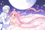  1boy 1girl bishoujo_senshi_sailor_moon bracelet cape chibi_usa couple crescent crystal_earrings double_bun dress earrings facial_mark flower forehead_jewel forehead_mark frills full_moon hair_flower hair_ornament hairpin helios_(sailor_moon) hetero holding_hands jewelry kneeling long_hair looking_at_viewer moon necklace nightcat older pants petals pink_hair red_eyes shirt small_lady_serenity smile twintails white_dress white_hair white_pants white_shirt yellow_eyes 