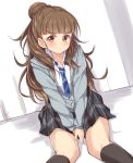  1girl black_legwear blush brown_hair eyebrows idolmaster idolmaster_cinderella_girls jiino kamiya_nao long_hair looking_at_viewer necktie red_eyes school_uniform sitting skirt solo 