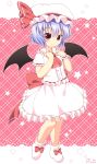  1girl ascot bat_wings blue_hair dress hat hat_ribbon highres looking_at_viewer mobile_trace_suit pila-pela pink_eyes puffy_short_sleeves puffy_sleeves remilia_scarlet ribbon sash short_sleeves smile solo star touhou white_dress wings wrist_cuffs 
