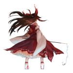  1girl back bare_shoulders bow brown_hair detached_sleeves dress gohei hair_bow hair_tubes hakurei_reimu highres kinketsu long_hair long_sleeves red_dress solo touhou very_long_hair wide_sleeves wind 